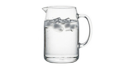 Clear glass pitcher filled with water and ice cubes isolated for refreshing drink beverage presentation transparent background