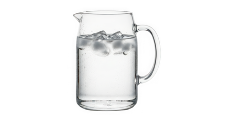 Clear glass pitcher filled with water and ice cubes isolated for refreshing drink beverage presentation transparent background