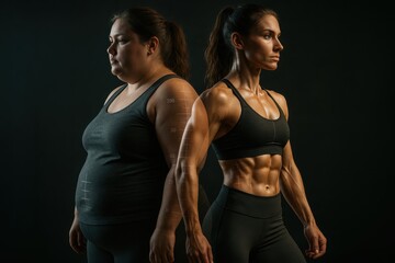 Double exposure fitness transformation of one woman from overweight to athletic with progress metrics gym mood dramatic contrast and motivating healthy lifestyle concept