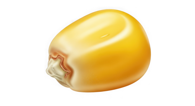 Detailed macro photograph of a single yellow corn kernel highlighting texture and subtle color variations transparent background