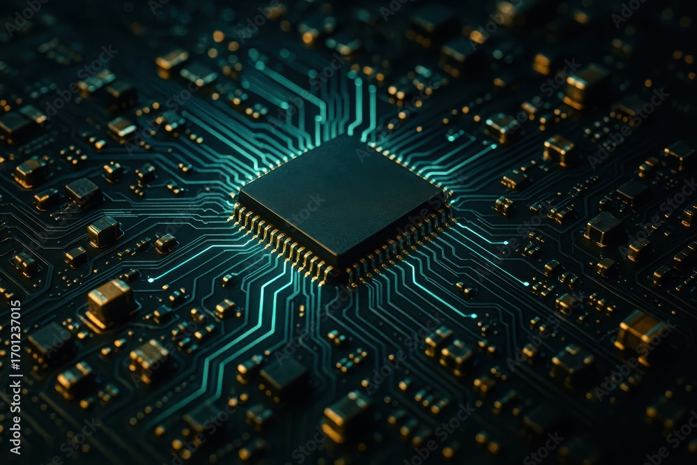 Poster futuristic microchip closeup on circuit board with glowing pathways teal and gold lighting extreme d