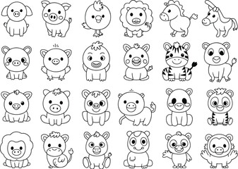 Adorable cartoon baby animals collection with lions, pigs, birds, horses, zebras, and pandas, perfect for kids, coloring books, and education