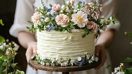 Homemade cake on a wooden base decorated with fresh flowers, a baker's hands holding the cake base.
