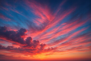 Fototapeta premium Radiant sunset sky with cotton candy clouds drifting over a calm horizon deep blue fading to coral gold and violet ethereal light and serene atmosphere