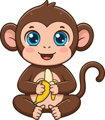 Adorable cartoon baby monkey sitting, holding banana, smiling happily, cute jungle animal character, vector illustration for children books, nursery design