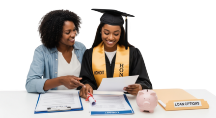 Proud Mother Helps Graduate Daughter with PostGraduation Finances detailed illustration concept inspired by Proud