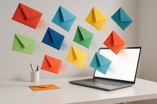 Multicolored paper envelopes swirling into laptop screen representing email overload communication and digital marketing on clean minimal workspace