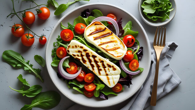 Healthy Keto Salad with Grilled Halloumi and Fresh Vegetables Top View
