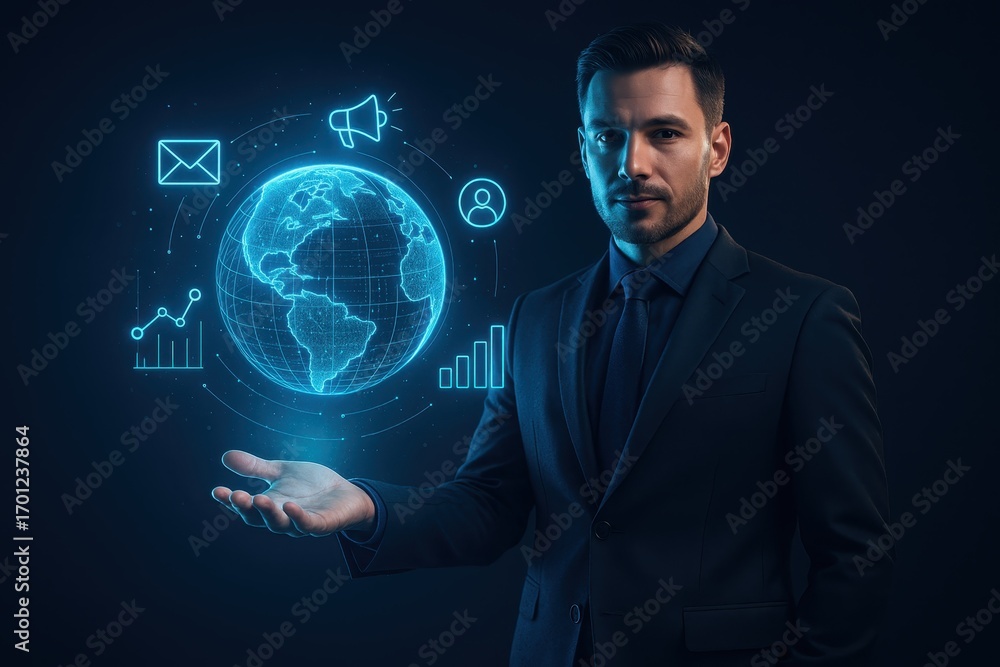 Poster entrepreneur presenting a holographic globe with luminous network analytics icons and flowing digita