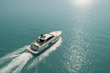 Opulent white motor yacht gliding over turquoise sea on sunny day cinematic aerial travel lifestyle luxury vacation concept with crisp wake and endless blue horizon