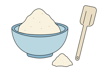 Bowl of flour with spatula illustration for baking ingredient, cooking preparation, and kitchen utensil concept design