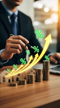 A businessman coin house percentage growth finance investment success with profit chart arrow increase economy wealth planning saving banking real