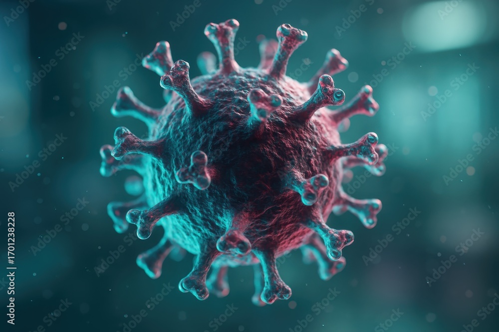 Poster microscopic pathogen cell with sharp surface spikes glowing core and bokeh lab background high detai