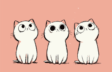 Three adorable cartoon cats with large eyes are sitting closely together against a soft pink backdrop. Each cat has a unique expression, adding charm.