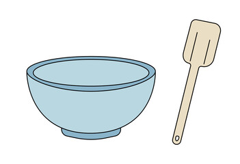 Empty bowl with spatula illustration for cooking preparation, baking utensil, and kitchen tool concept design