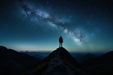 Silhouette adventurer on alpine peak gazing at the Milky Way under crystal clear starry night sky epic horizon and dramatic cosmic panorama