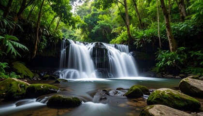 Obraz premium Cascading waterfall flows into a pool surrounded by lush, dense, green forest