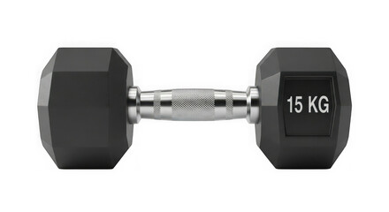 Single 15 kg hexagonal dumbbell for strength training and home gym workouts focused on muscle building and fitness transparent background