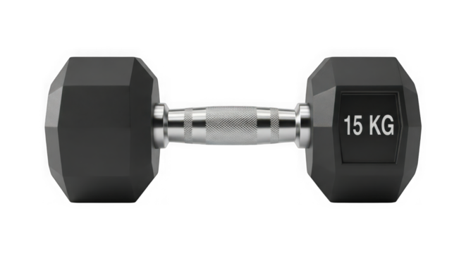 Single 15 kg hexagonal dumbbell for strength training and home gym workouts focused on muscle building and fitness transparent background