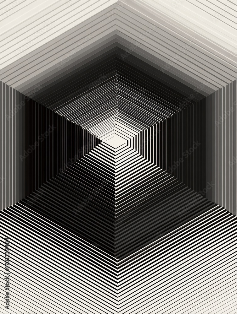Poster abstract geometric patterns display intricate black and white lines forming a three-dimensional illu