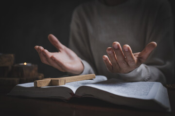 Religious concepts, Prayer, bible and hands praying for religion.