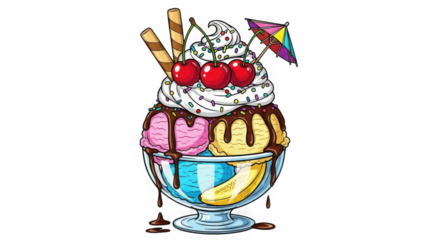 Delicious ice cream sundae delight with whipped cream cherries chocolate sauce and wafer sticks a sweet treat for all transparent background