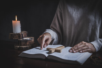 Religious concepts, Prayer, bible and hands praying for religion.