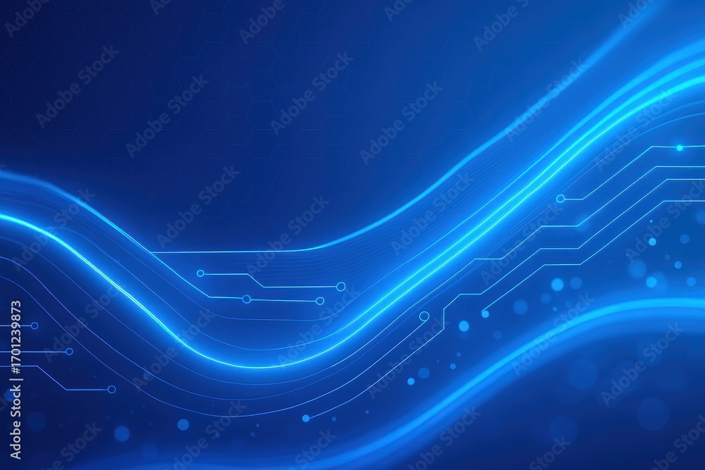 Poster futuristic blue technology background with flowing circuit waves hexagonal grid and luminous particl