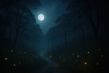 Fototapeta premium Mystical night forest path glowing with countless fireflies under a bright moon and rich star field cinematic atmosphere dreamlike wander scene