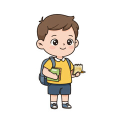 Obraz premium Adorable Cheerful Little Boy Student Cartoon Character with Books and Backpack