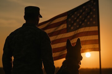 American veteran with loyal service dog in front of waving US flag dramatic back view honoring duty courage and companionship