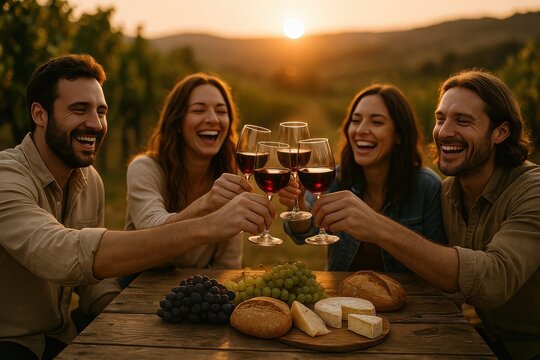 Friends toasting red wine among vineyard rows at sunset celebrating harvest with rustic table spread warm bokeh and joyful candid expressions