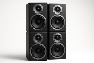 Tower of modern wireless speakers isolated on white sleek stacked audio system with mesh grilles bass ports and glossy accents realistic render