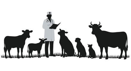a veterinarian examining cows and calves in silhouette