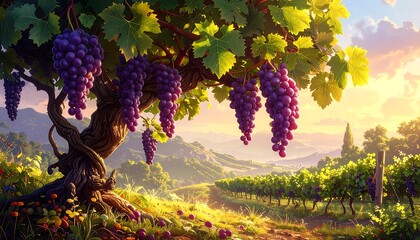 A magnificent vineyard landscape bathed in warm sunlight, showcasing a large grapevine tree laden with plump purple grapes against a backdrop of rolling hills and vineyards.