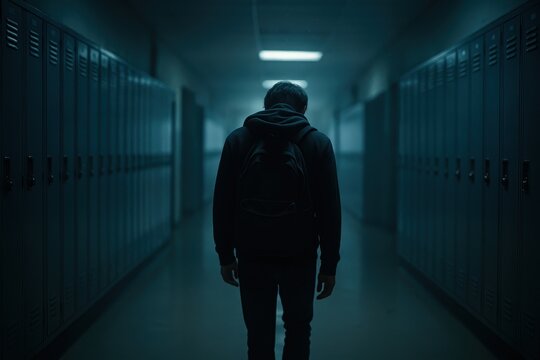Moody school corridor with lonely young adult walking past lockers revealing anxiety isolation and the emotional weight of bullying and depression - Powered by Adobe