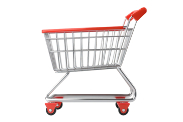 Shopping cart with a red handle and silver frame