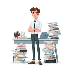 A young man in formal attire stands confidently in a cluttered office. Papers are stacked high on his desk, showcasing the busy workspace atmosphere.
