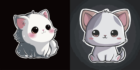 Two adorable cartoon kittens sit side by side, one fluffy and white, the other gray and white. Both have large eyes and playful expressions, enhancing their charm.