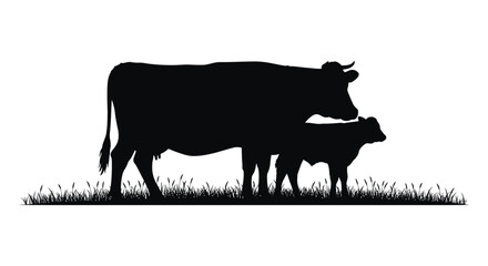 a cow and calf standing together in grassy field