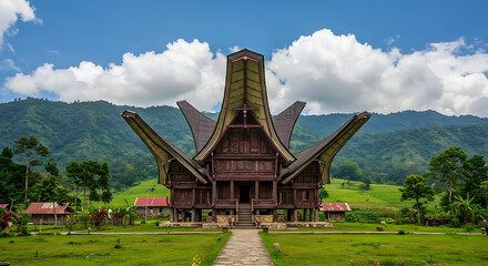 Naklejka premium Unique Brown Traditional House in Green Grassy Field Landscape
