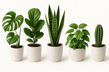 Obraz premium Collection of indoor tropical houseplants in ceramic pots isolated on white background detailed cutouts with realistic shadows modern botanical bundle