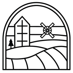 Charming countryside farmhouse with a windmill viewed through a rustic window on a sunny day