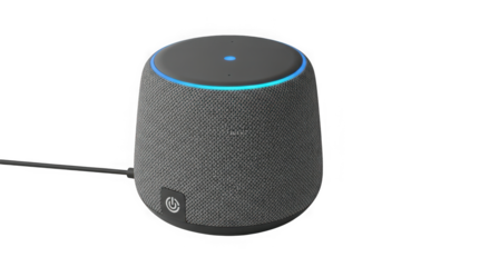 Modern gray smart speaker with illuminated blue ring and subtle textured surface for voice control and smart home automation transparent background