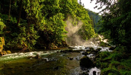 Mountain stream flowing through lush forest