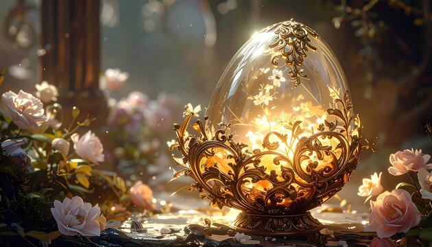 Ornate glass egg, adorned with intricate golden filigree, glowing with inner light, surrounded by delicate pastel roses, bathed in soft sunlight. - Powered by Adobe