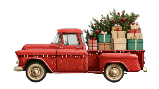 Side view of classic red pickup truck loaded with decorated christmas tree and colorful gift boxes isolated on white background
