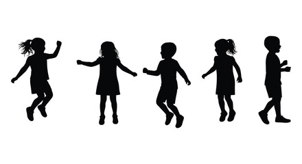 five silhouettes of children dancing joyfully together