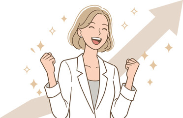 Happy successful businesswoman celebrating achievement with raised fists, sparkling background and growth arrow, career success, motivation, 