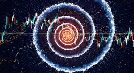 Abstract Financial Data Flow: Candlestick Charts Swirling in a Glowing Spiral Tunnel of Market Analysis